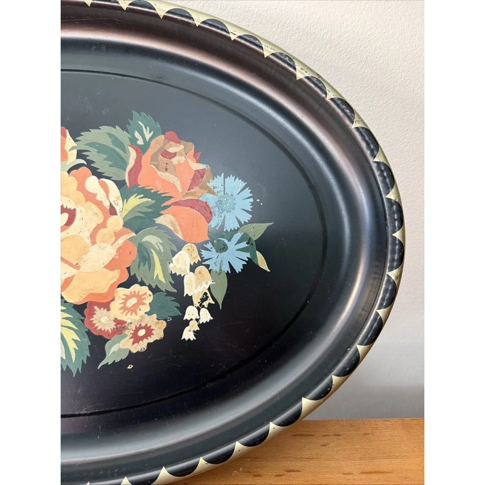 Vintage Hand Painted Tole Toleware Floral Metal Tray Decor Cottagecore